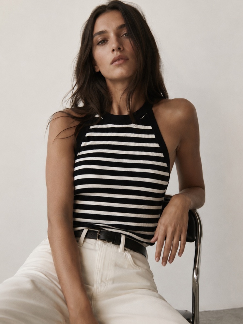 ELIE TAHARI Ribbed Striped Halter Tank Top Black White Stretch Knit
